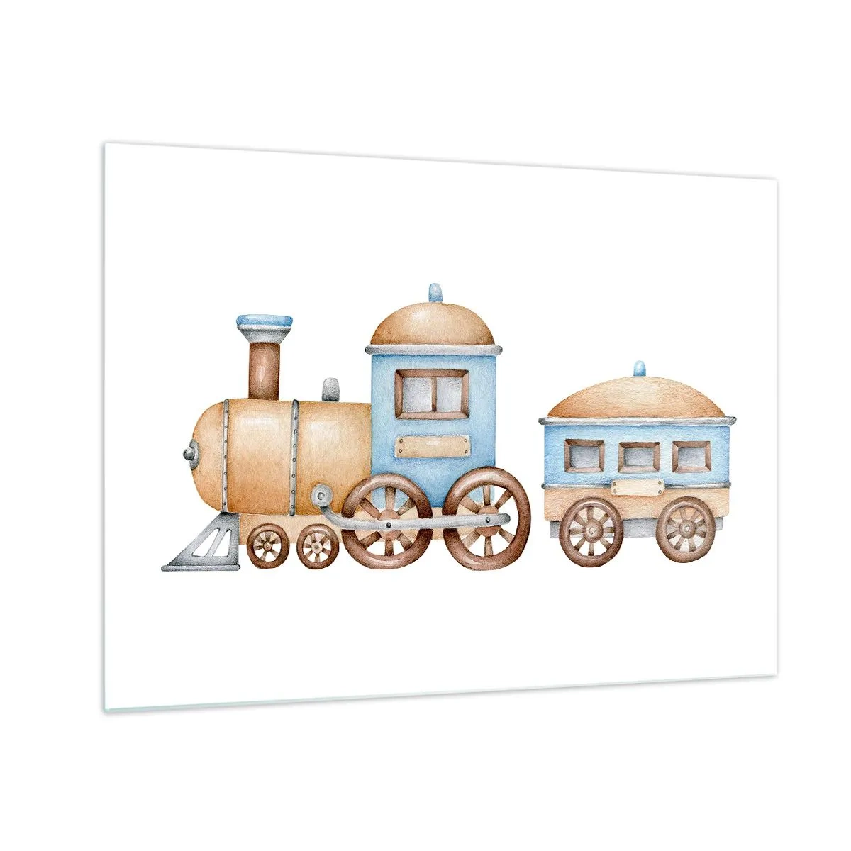 Glass picture - Illustration of a steam train in shades of blue and beige on a white background - 70x50cm - Standing at the Station… - Modern wall decoration for the living room and bedroom ARTTOR