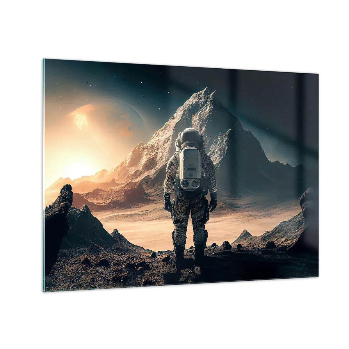 Glass picture - Astronaut on an alien planet with a mountainous landscape - 70x50cm - New Challenge - Modern wall decoration for the living room and bedroom ARTTOR