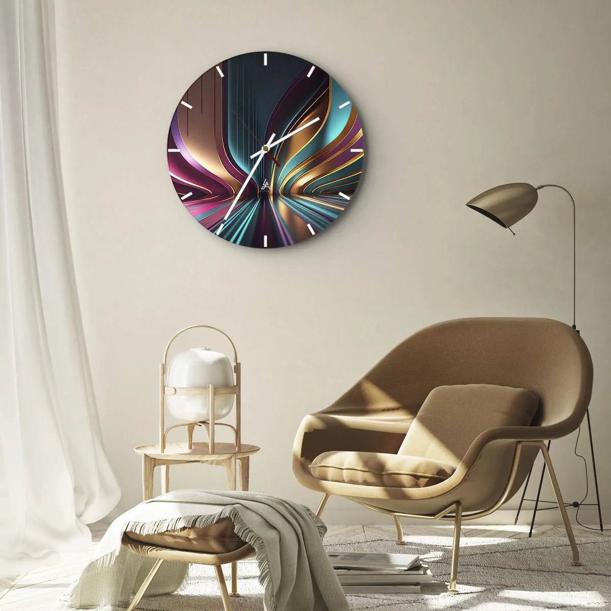 Wall clock - Clock on glass - Futuristic light lines in gold, turquoise and purple - 30x30cm - Architecture of Light - Modern wall decoration for the living room, kitchen, and bedroom ARTTOR