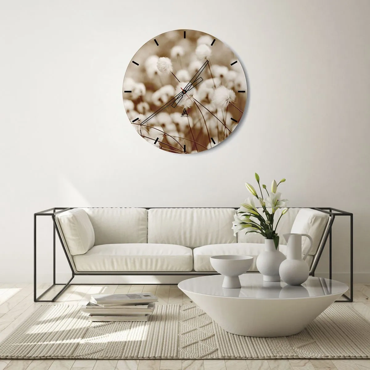 Wall clock - Clock on glass - Fluffy white plants against a misty sepia meadow - 30x30cm - Fluffy field - Modern wall decoration for the living room, kitchen, and bedroom ARTTOR
