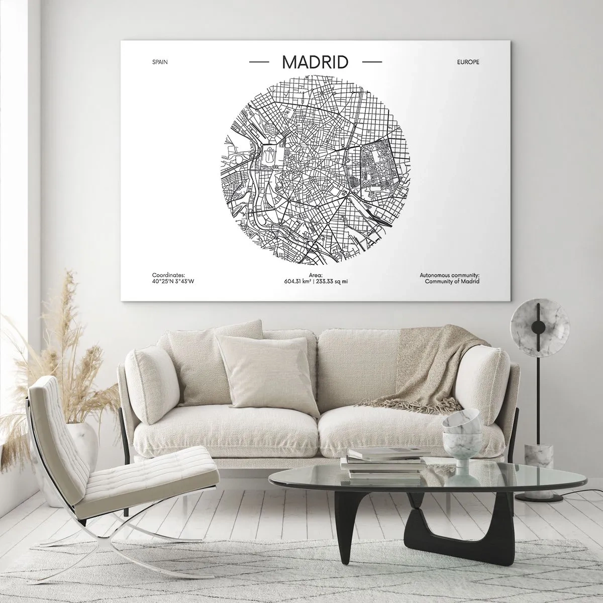 Glass picture - A black and white minimalist map of Madrid in a circular form. - 70x50cm - Anatomy of Madrid - Modern wall decoration for the living room and bedroom ARTTOR