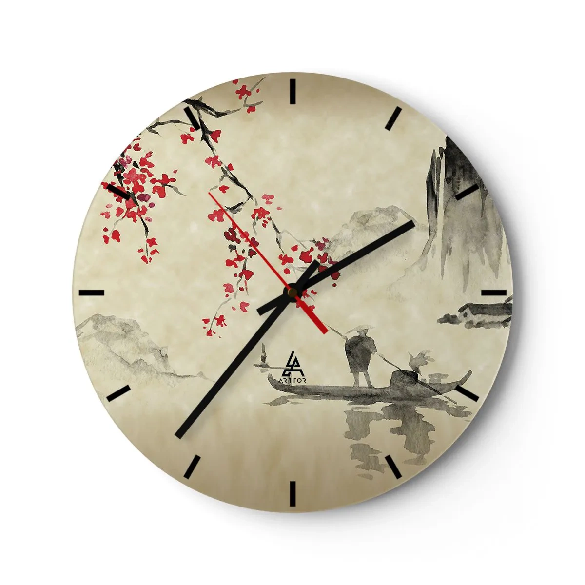 Wall clock - Clock on glass - A close-up of a dark pink flower with multi-layered petals - 30x30cm - In Cherry Blossom Country - Modern wall decoration for the living room, kitchen, and bedroom ARTTOR