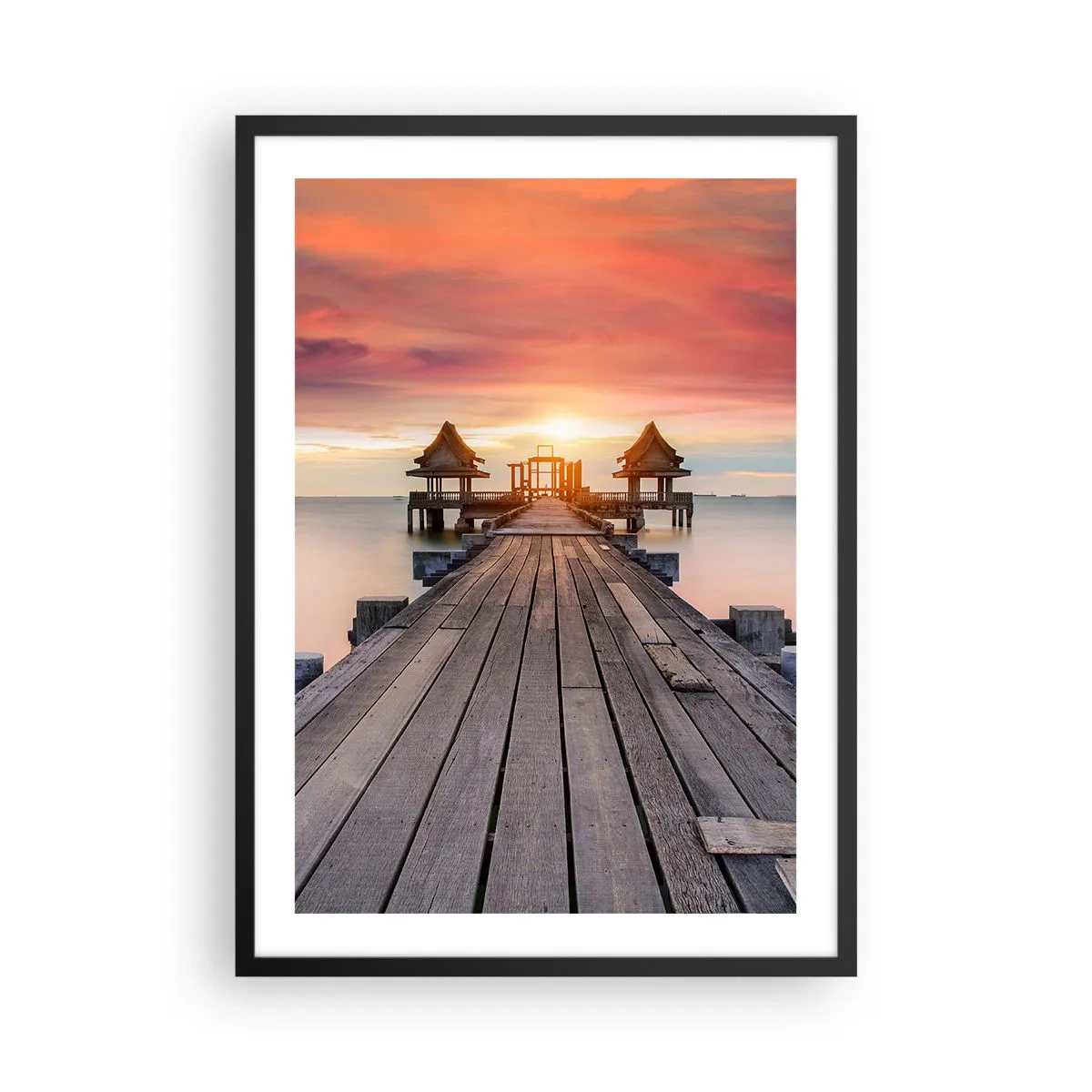 Poster in black frame - A wooden jetty with the sun setting over the water in the background - 50x70cm - Sunset on the East - Modern wall decoration for the living room and bedroom ARTTOR