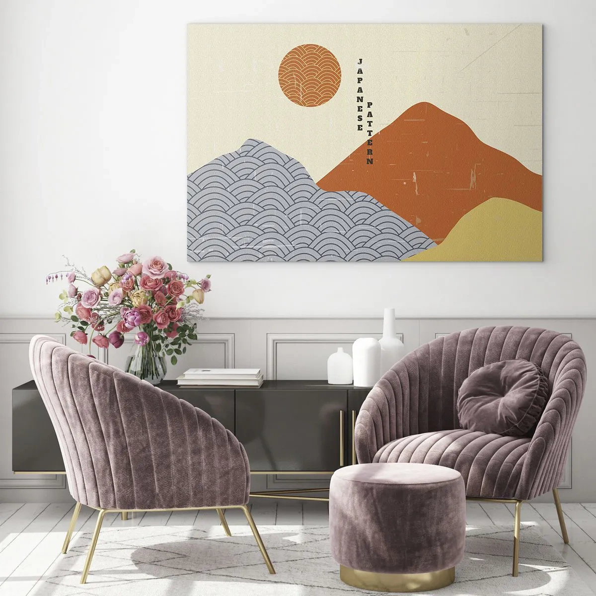 Glass picture - Graphics with Japanese mountain and sun patterns - 70x50cm - In the Japanese Spirit - Modern wall decoration for the living room and bedroom ARTTOR