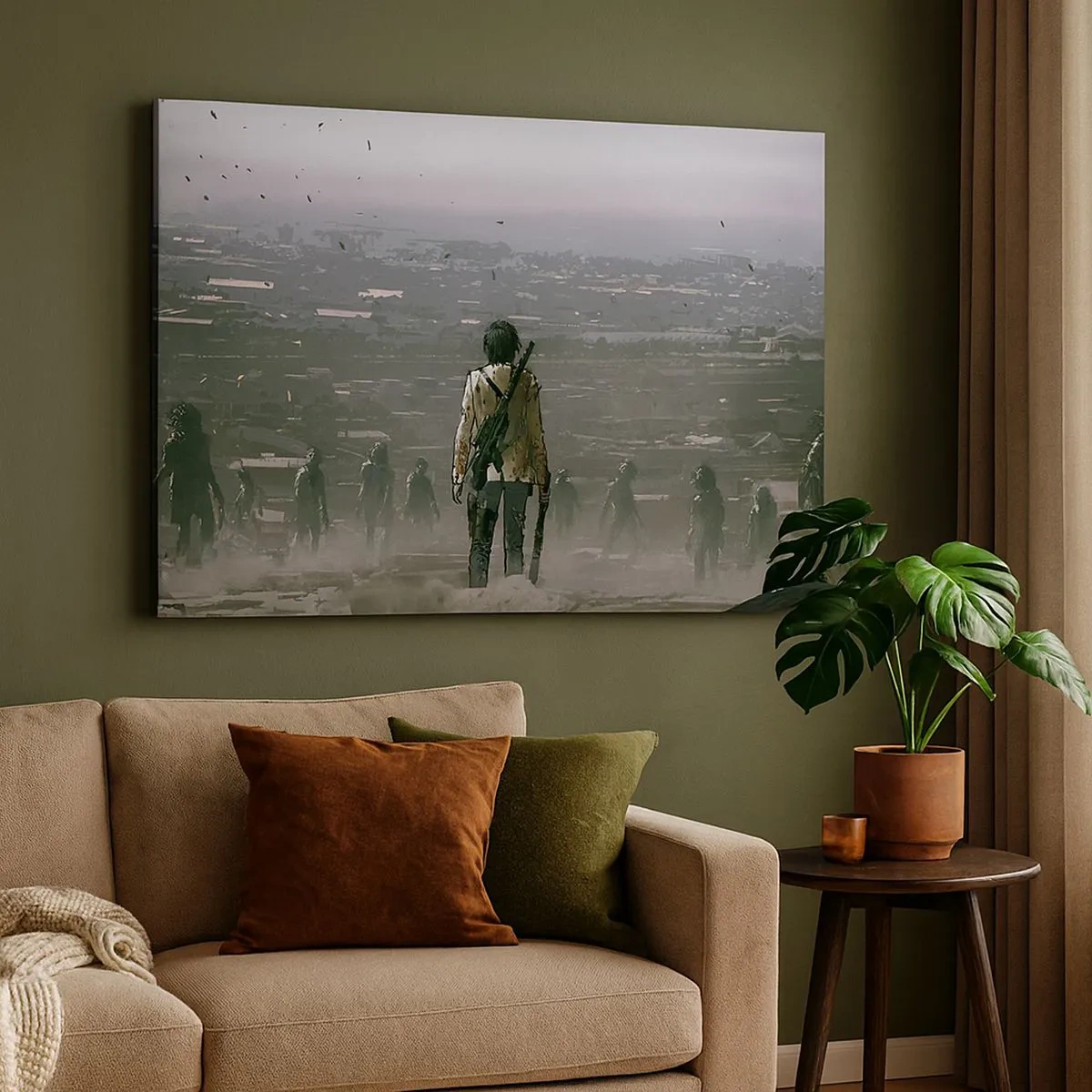 Canvas picture - A figure with a gun stands in front of a group in a dystopian landscape. - 70x50cm - Last Man Standing - Modern wall decoration for the living room and bedroom ARTTOR