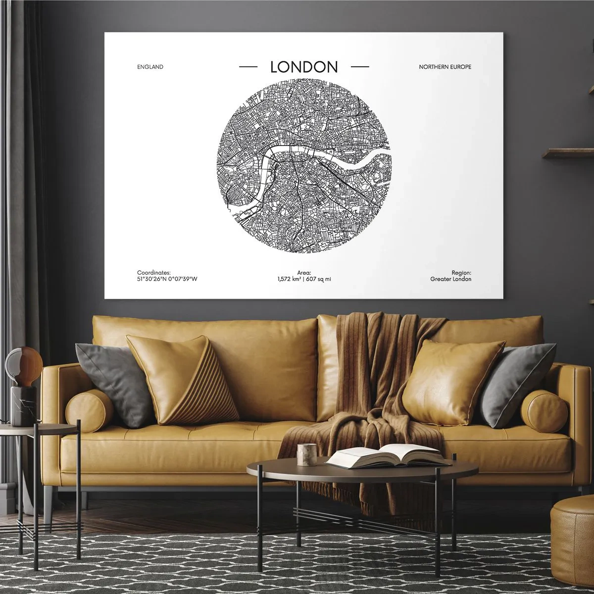 Glass picture - A detailed map of London in a graphic black and white style. - 70x50cm - Anatomy of London - Modern wall decoration for the living room and bedroom ARTTOR