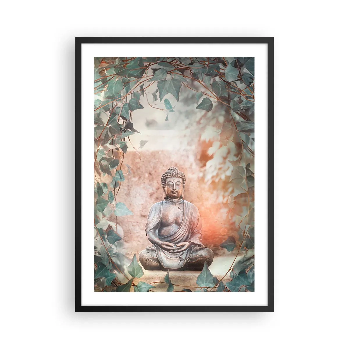 Poster in black frame - A Buddha statue surrounded by ivy in a meditative aura - 50x70cm - Joyful Harmony - Modern wall decoration for the living room and bedroom ARTTOR