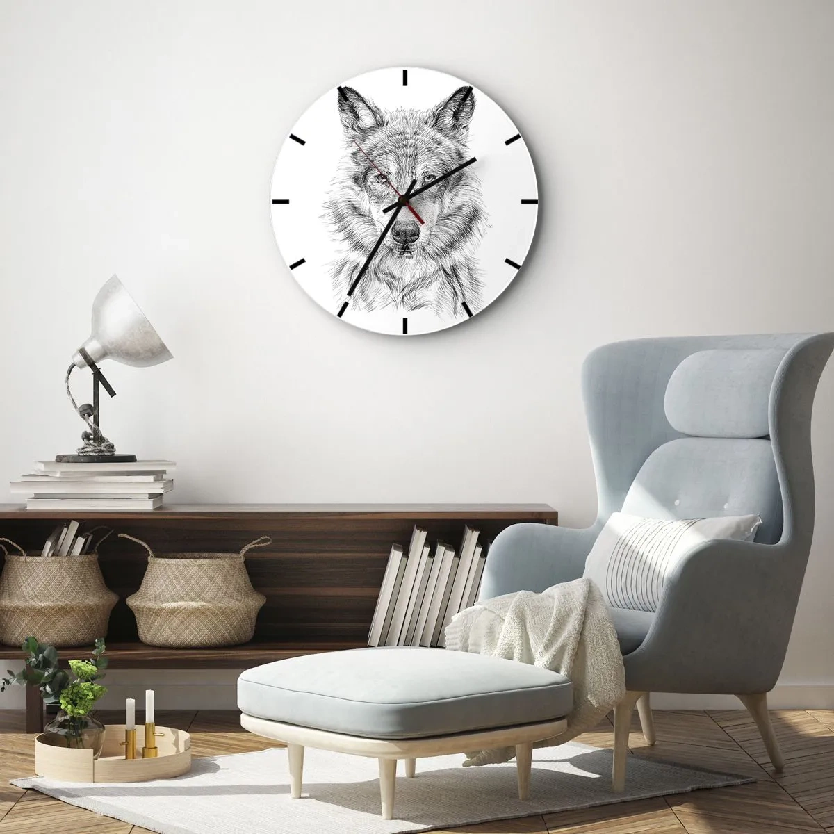 Wall clock - Clock on glass - Black and white sketch of a wolf's head on a white background - 30x30cm - Born Leader - Modern wall decoration for the living room, kitchen, and bedroom ARTTOR