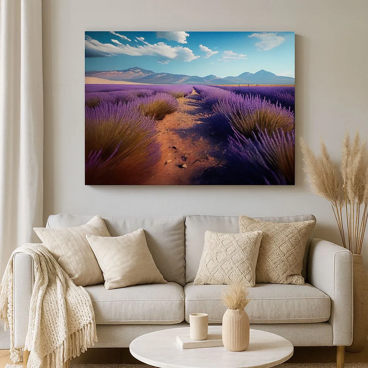 Canvas picture - A lavender field with a view of the mountains and blue sky - 70x50cm - Fragrant Fields - Modern wall decoration for the living room and bedroom ARTTOR