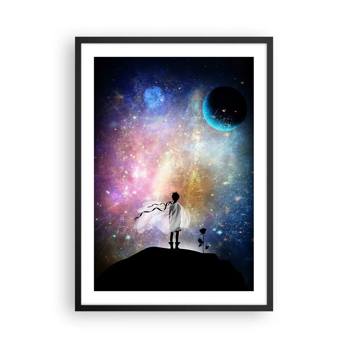 Poster in black frame - A fantastic space scene with a silhouette of a character and a rose - 50x70cm - Little Prince - Modern wall decoration for the living room and bedroom ARTTOR