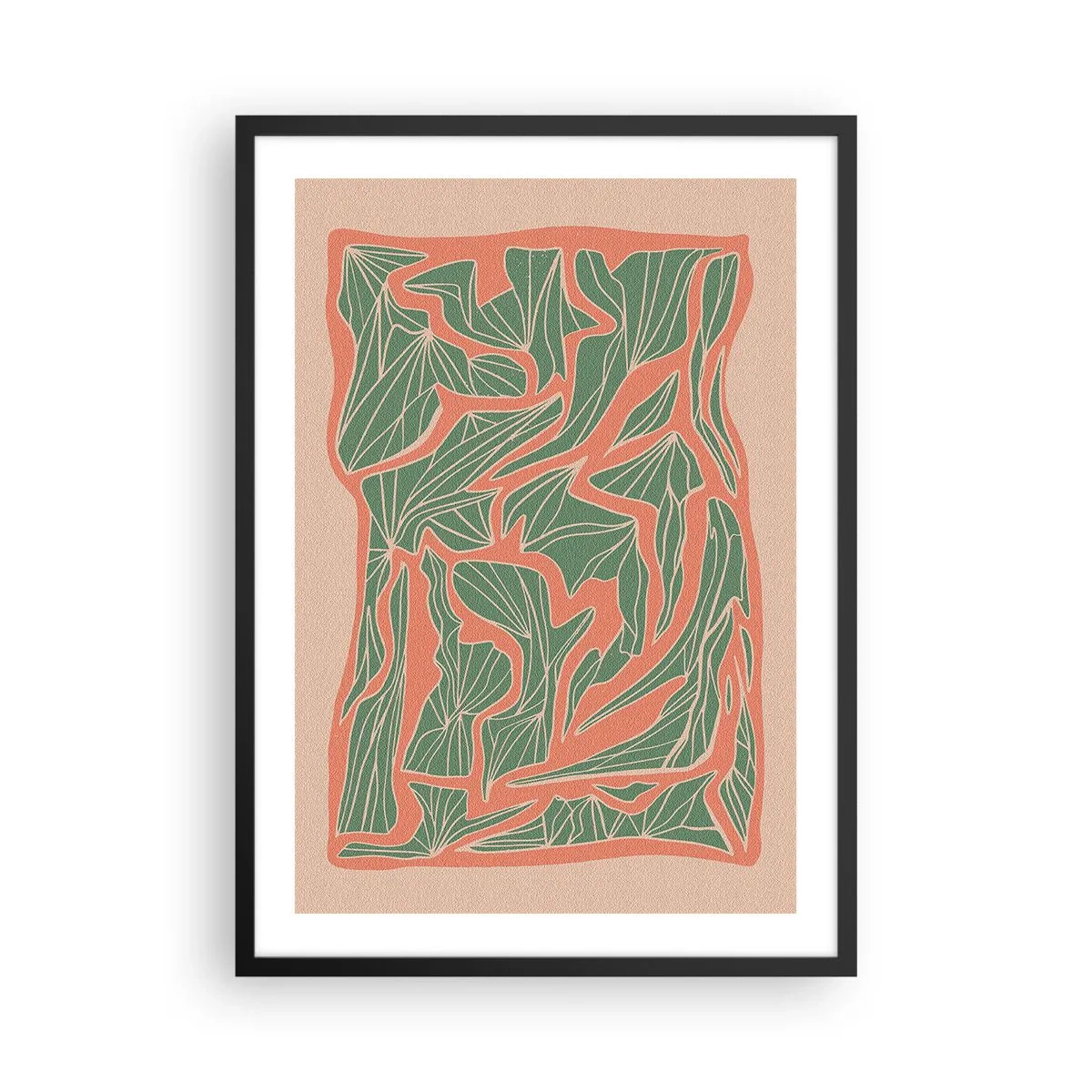 Poster in black frame - Abstract leaf pattern in shades of green and terracotta - 50x70cm - Struggles of Colar and Green - Modern wall decoration for the living room and bedroom ARTTOR