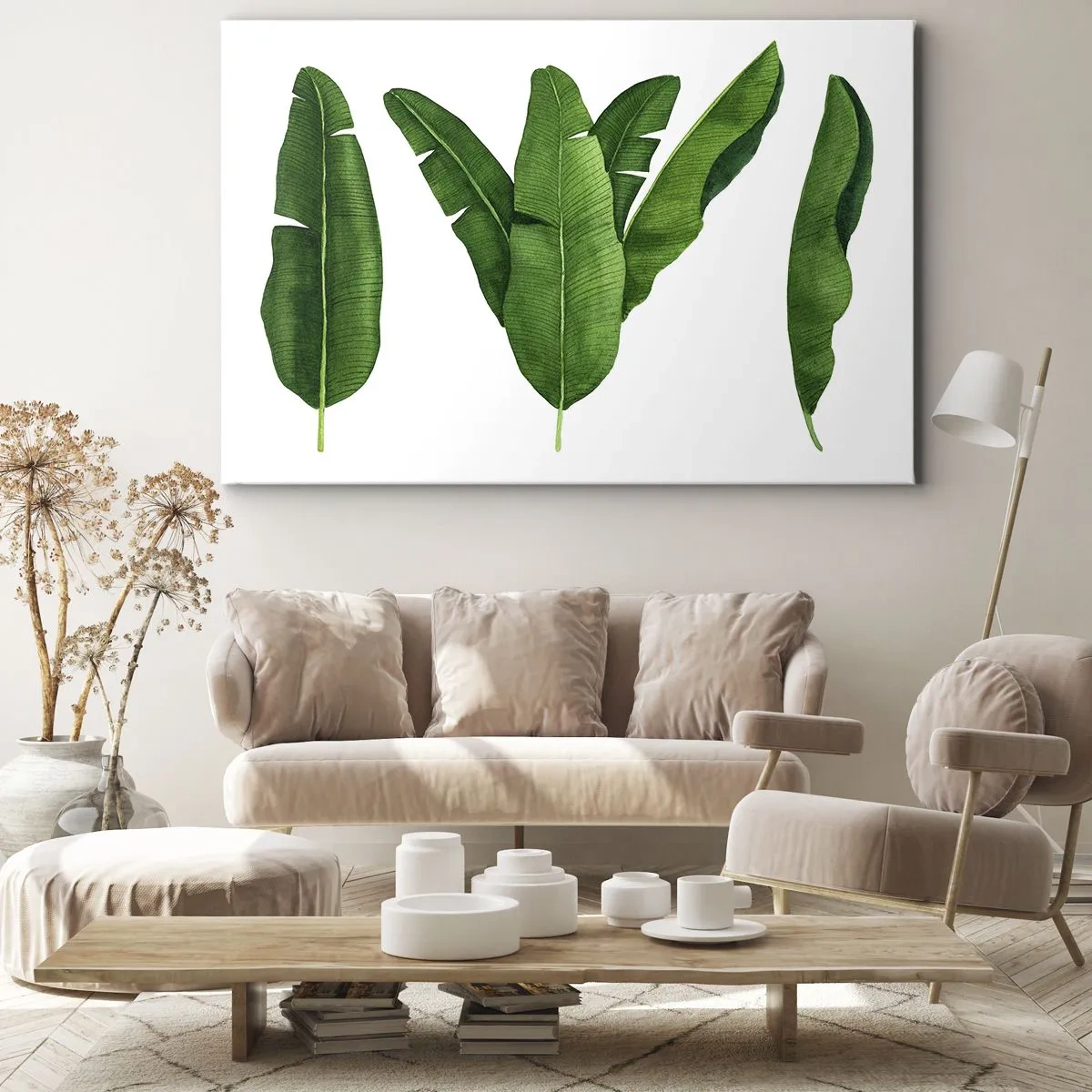 Canvas picture - Three banana leaves in an artistic approach - 70x50cm - Green Symmetry - Modern wall decoration for the living room and bedroom ARTTOR