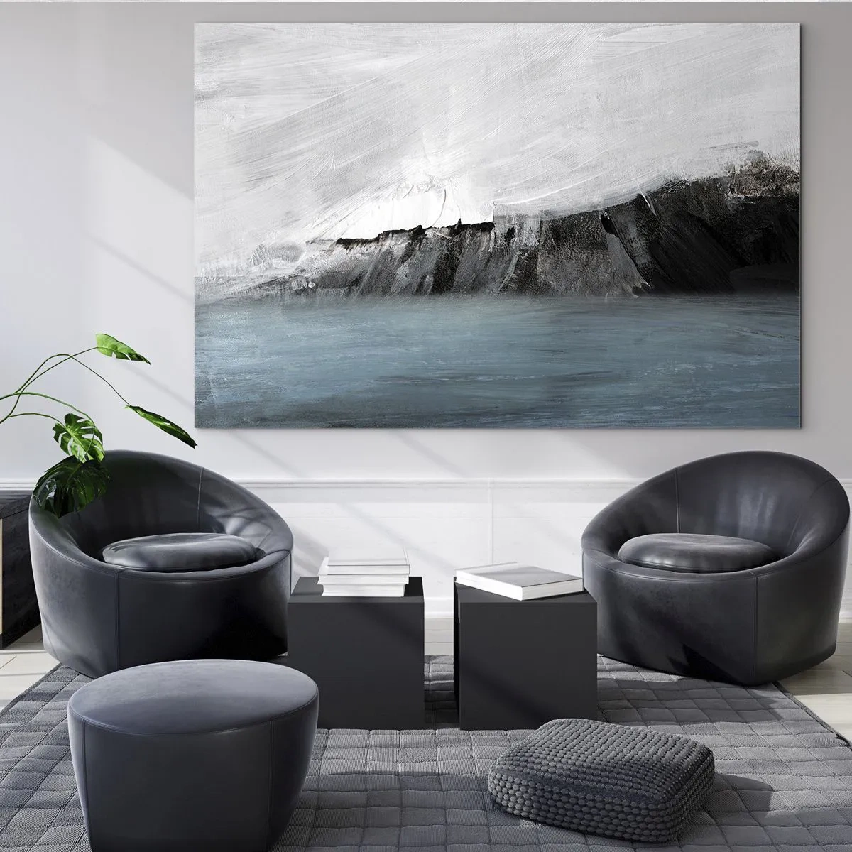 Glass picture - Abstract composition in shades of blue, white and black - 70x50cm - Water-Earth: Clash of Elements - Modern wall decoration for the living room and bedroom ARTTOR