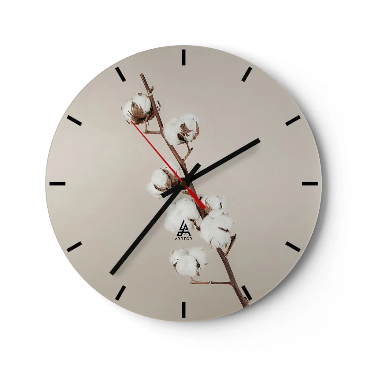 Wall clock - Clock on glass - A sprig of cotton on a beige background in a minimalist style - 30x30cm - At the Heart of Softness - Modern wall decoration for the living room, kitchen, and bedroom ARTTOR