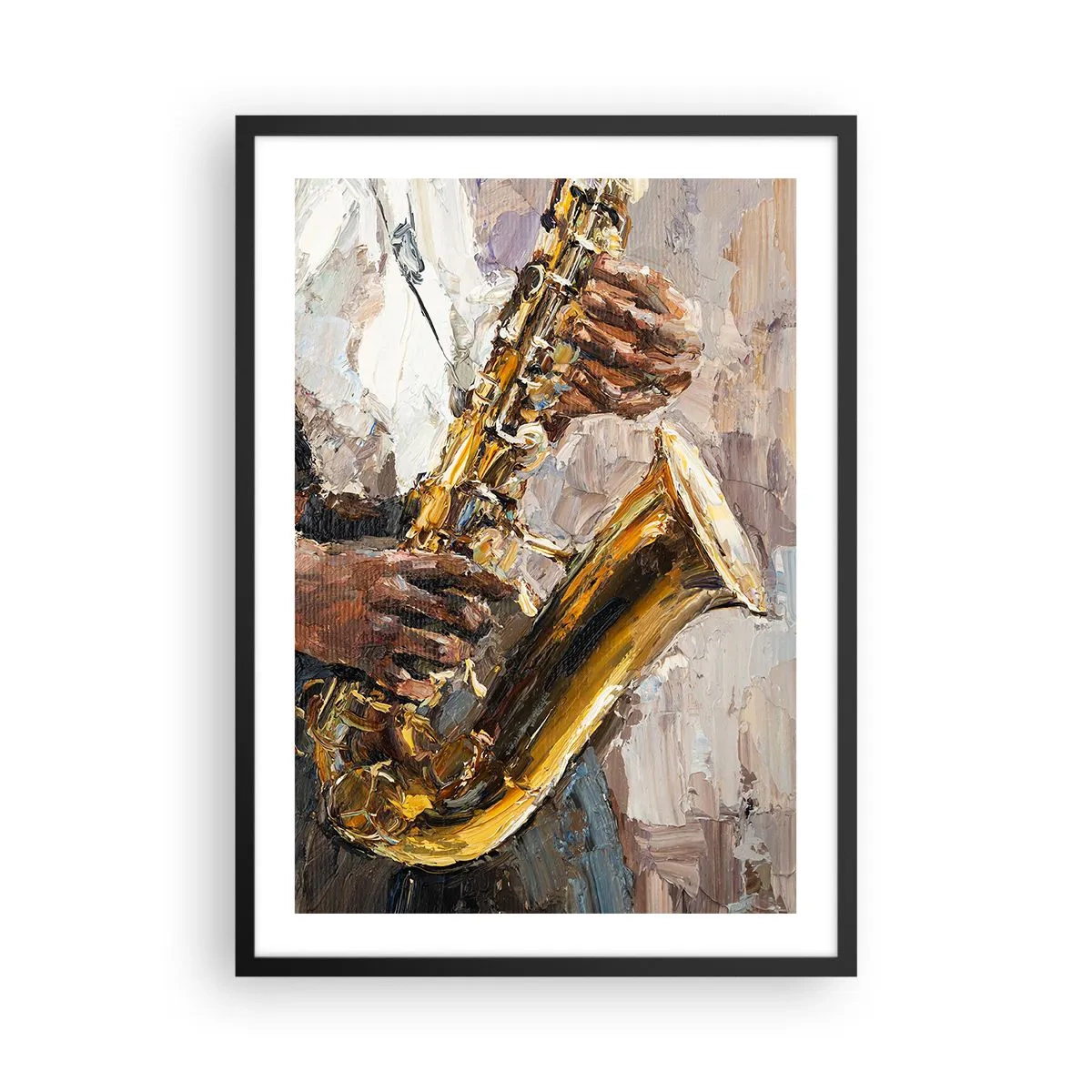 Poster in black frame - A saxophonist playing in an artistic painting style - 50x70cm - Time for a Solo - Modern wall decoration for the living room and bedroom ARTTOR