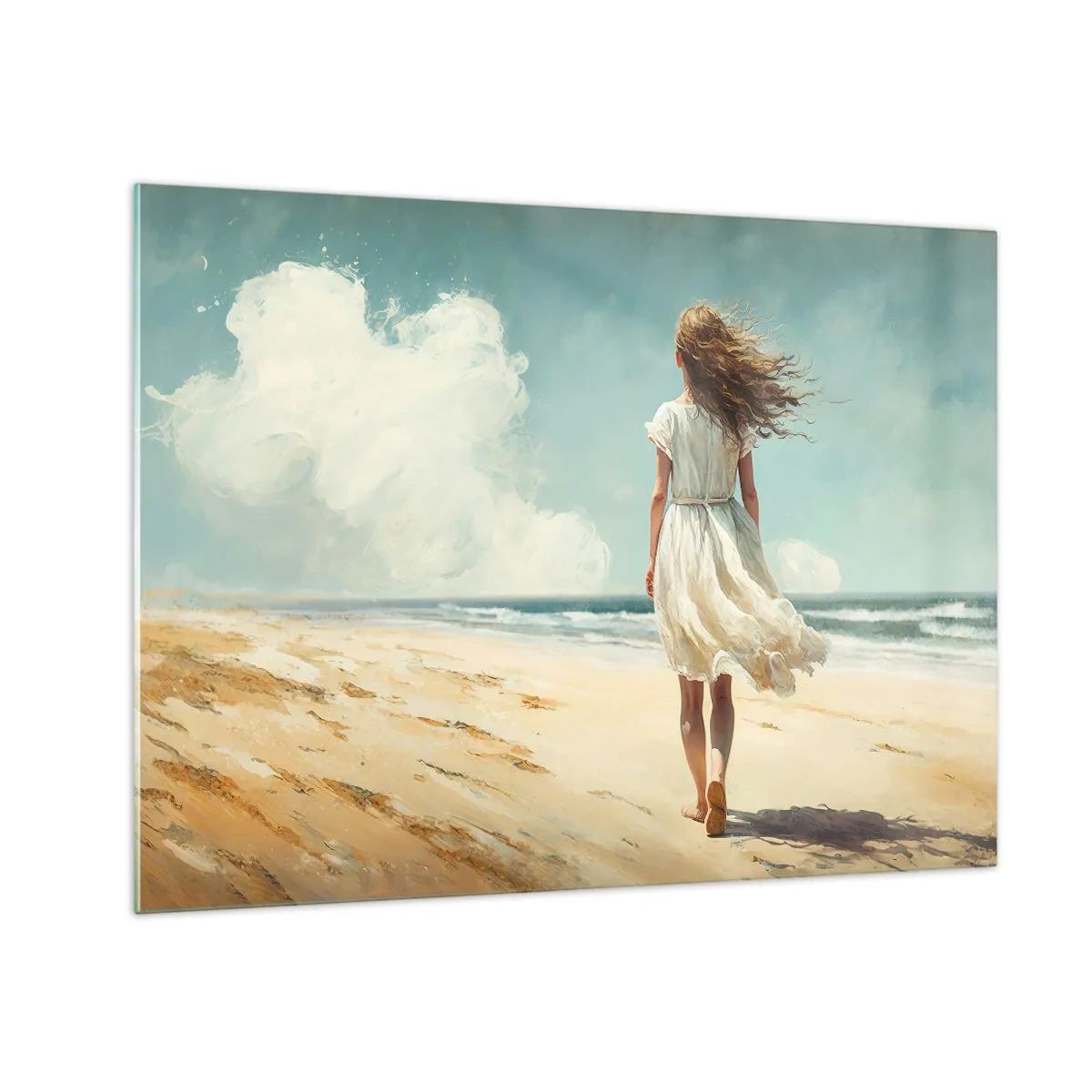 Glass picture - A woman in a white dress walking barefoot on a sunny beach - 70x50cm - Meeting the Sun aand the Wind - Modern wall decoration for the living room and bedroom ARTTOR