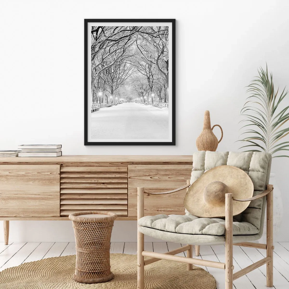 Poster in black frame - A winter avenue of trees covered with snow in the park - 50x70cm - Four Seasons: Winter - Modern wall decoration for the living room and bedroom ARTTOR