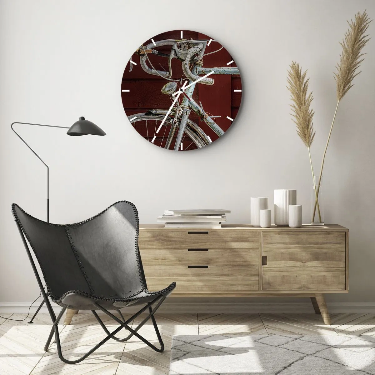 Wall clock - Clock on glass - Close-up of a retro bicycle against a red board - 30x30cm - Born for Victories - Modern wall decoration for the living room, kitchen, and bedroom ARTTOR