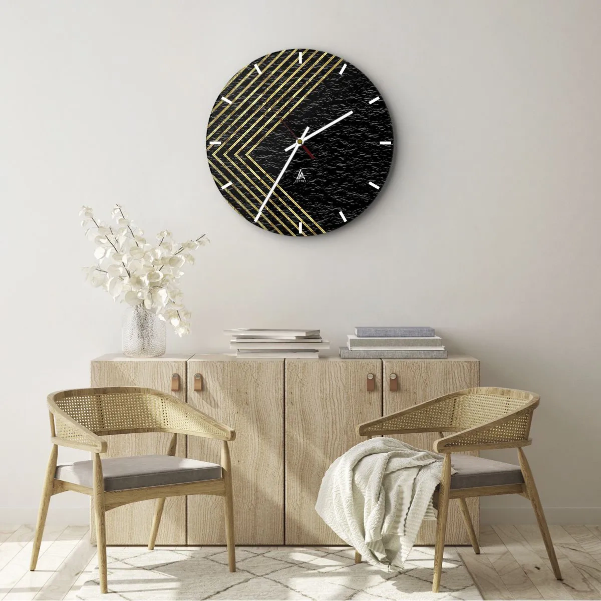 Wall clock - Clock on glass - Golden lines forming a rhombus on a black background - 30x30cm - Geometry Glamour Style - Modern wall decoration for the living room, kitchen, and bedroom ARTTOR