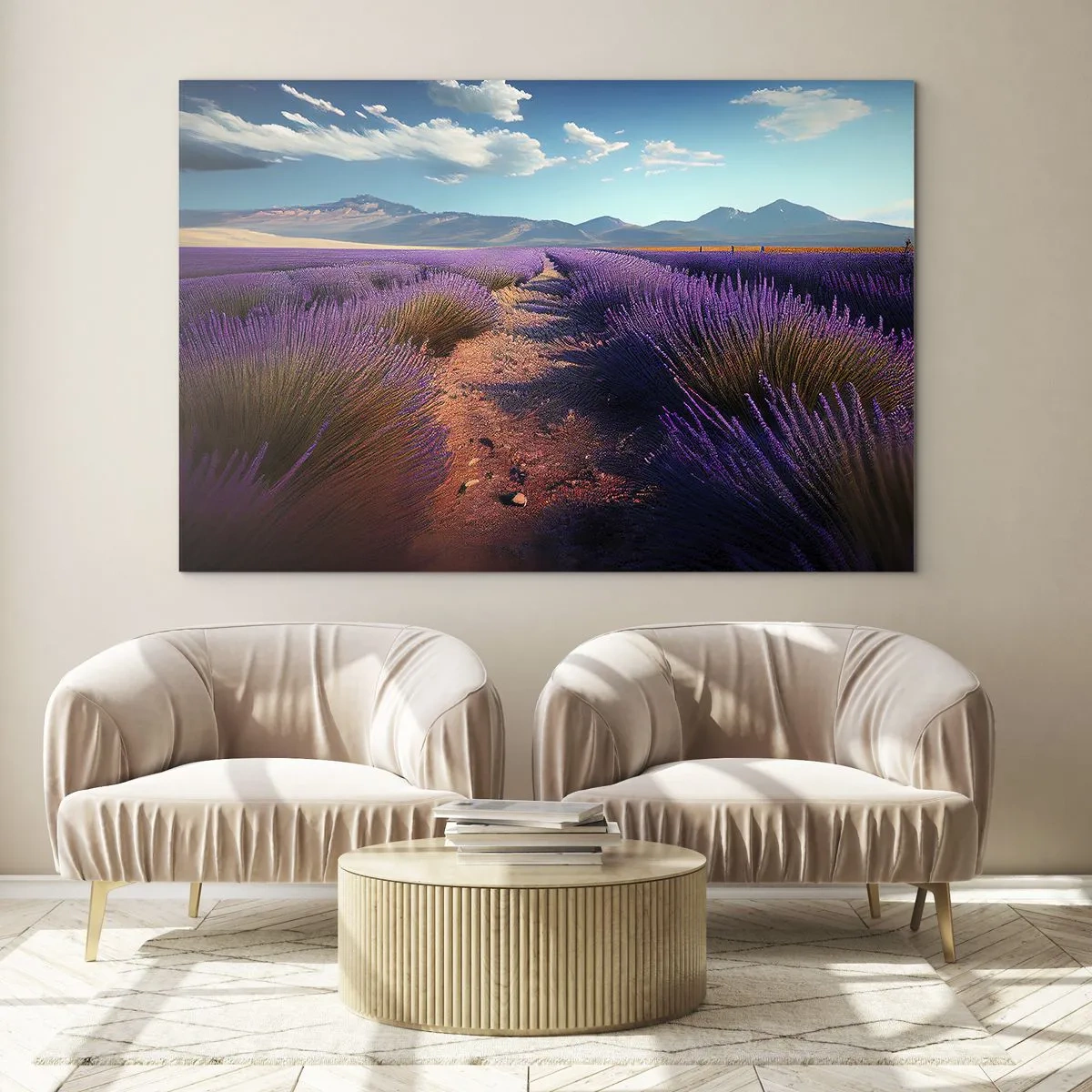 Glass picture - Lavender fields at sunset with a view of the mountains - 70x50cm - Fragrant Fields - Modern wall decoration for the living room and bedroom ARTTOR