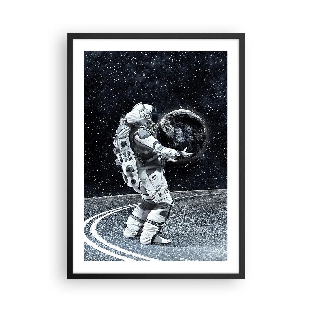 Poster in black frame - An astronaut in space holding a sphere resembling the Earth. - 50x70cm - On the Milky Way - Modern wall decoration for the living room and bedroom ARTTOR