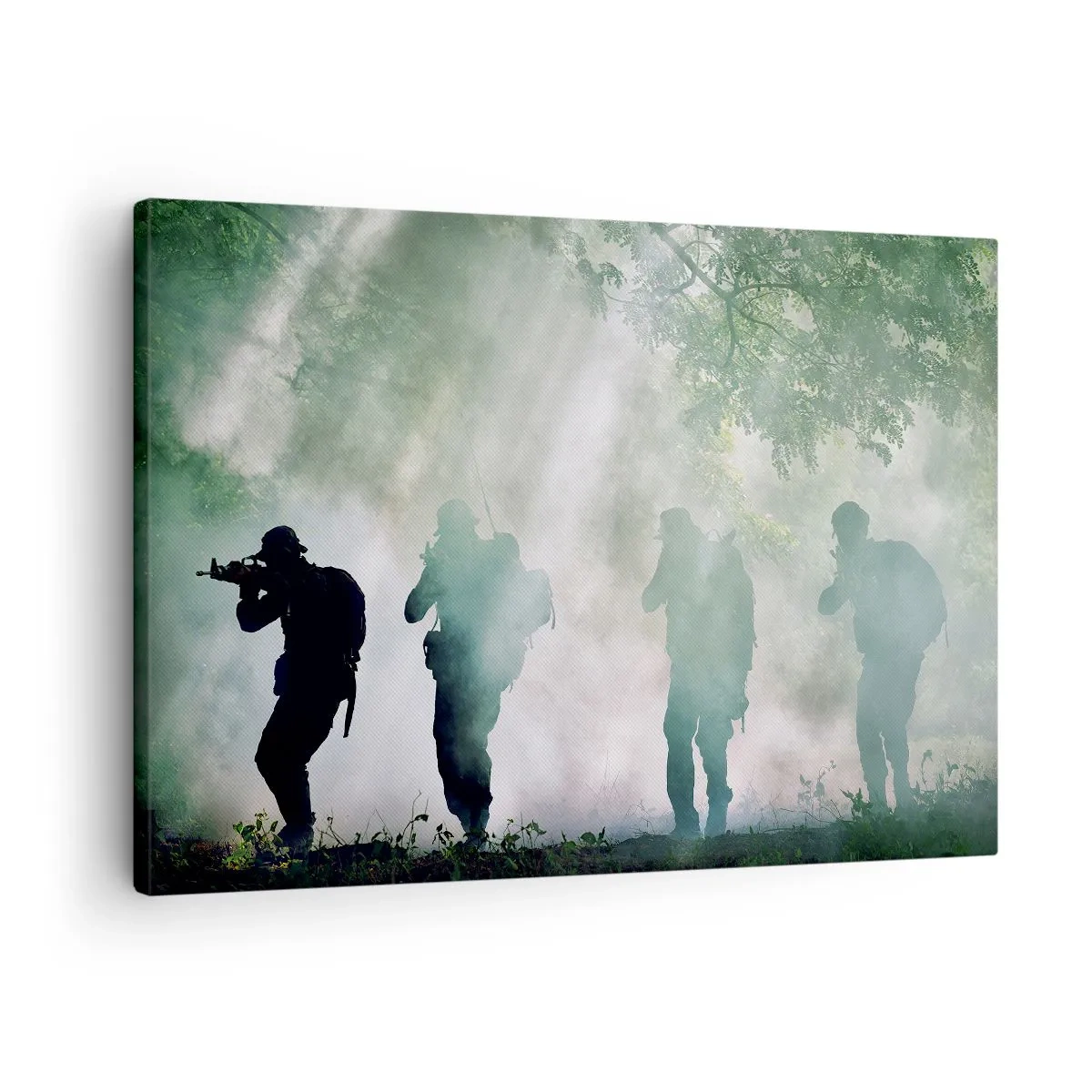 Canvas picture - Silhouettes of soldiers in a forest surrounded by fog - 70x50cm - One for All.. - Modern wall decoration for the living room and bedroom ARTTOR