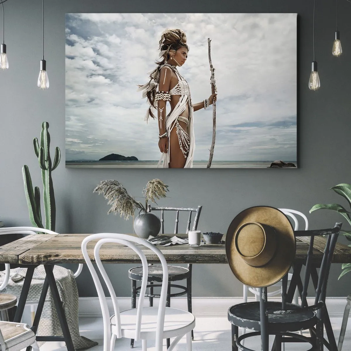 Canvas picture - Stylized woman on the beach with ethnic ornaments and a stick - 70x50cm - Queen of the Tropics - Modern wall decoration for the living room and bedroom ARTTOR