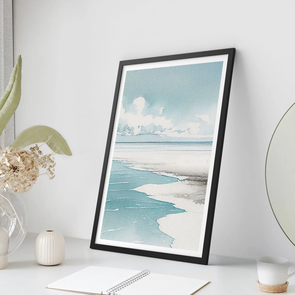 Poster in black frame - Watercolor seaside landscape in pastel shades - 50x70cm - Gentle Tide - Modern wall decoration for the living room and bedroom ARTTOR