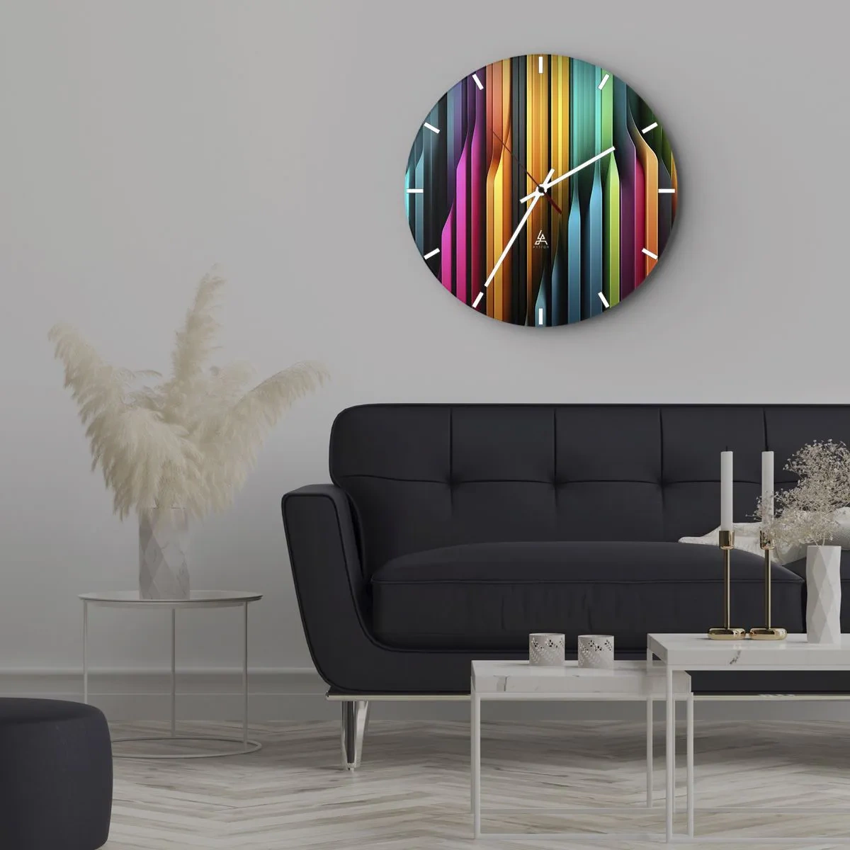 Wall clock - Clock on glass - Colorful vertical lines in the style of light reflections - 30x30cm - Light Organs - Modern wall decoration for the living room, kitchen, and bedroom ARTTOR