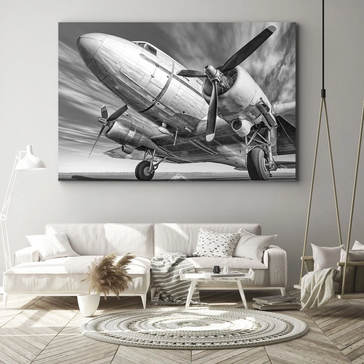 Canvas picture - A black and white image of a classic airplane with visible structural details. - 70x50cm - Always Ready to Fly - Modern wall decoration for the living room and bedroom ARTTOR