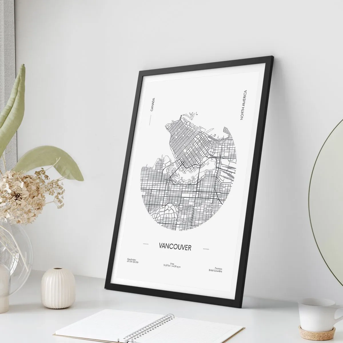 Poster in black frame - A minimalist black and white map of Vancouver - 50x70cm - Anatomy of Vancouver - Modern wall decoration for the living room and bedroom ARTTOR