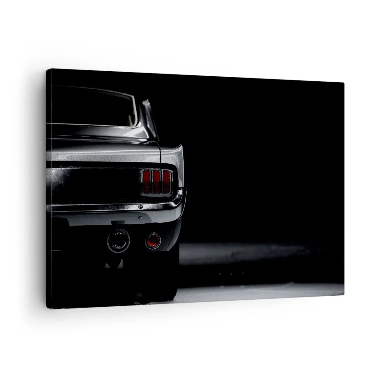 Canvas picture - A black and white image of the rear of a classic car against a dark background. - 70x50cm - Charm of the Classic - Modern wall decoration for the living room and bedroom ARTTOR