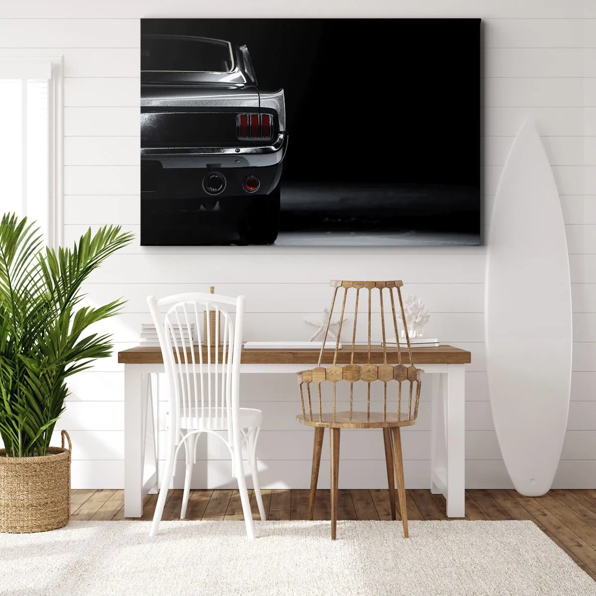 Canvas picture - A black and white image of the rear of a classic car against a dark background. - 70x50cm - Charm of the Classic - Modern wall decoration for the living room and bedroom ARTTOR