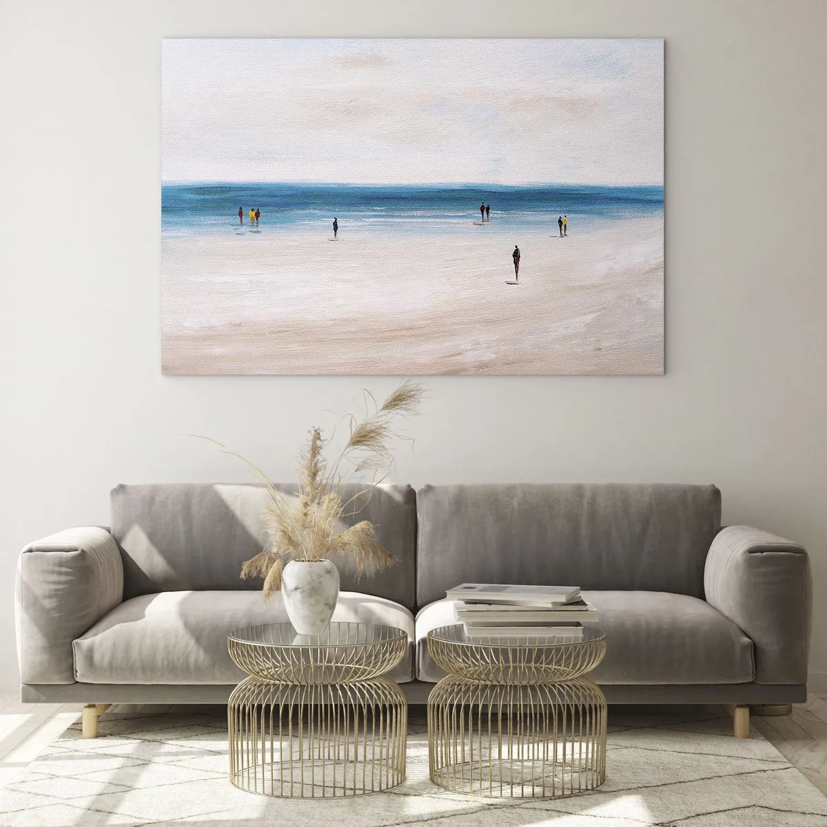 Glass picture - A quiet beach with silhouettes of people walking along the sea line - 70x50cm - Natural Need - Modern wall decoration for the living room and bedroom ARTTOR