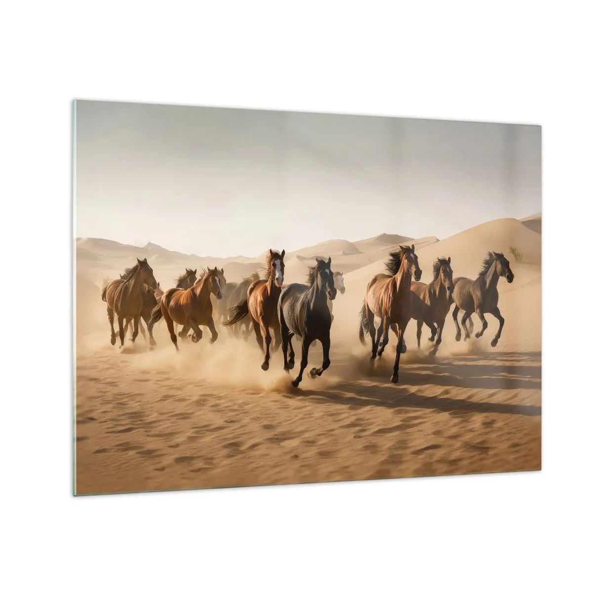 Glass picture - A herd of galloping horses in the desert among the sand dunes - 70x50cm - Free as a Wind - Modern wall decoration for the living room and bedroom ARTTOR