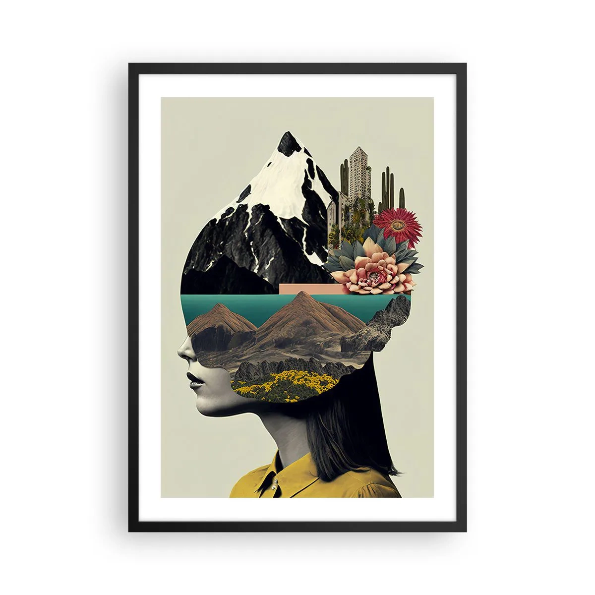 Poster in black frame - A woman with a surreal landscape in her head - 50x70cm - Woman - Always a Mystery - Modern wall decoration for the living room and bedroom ARTTOR