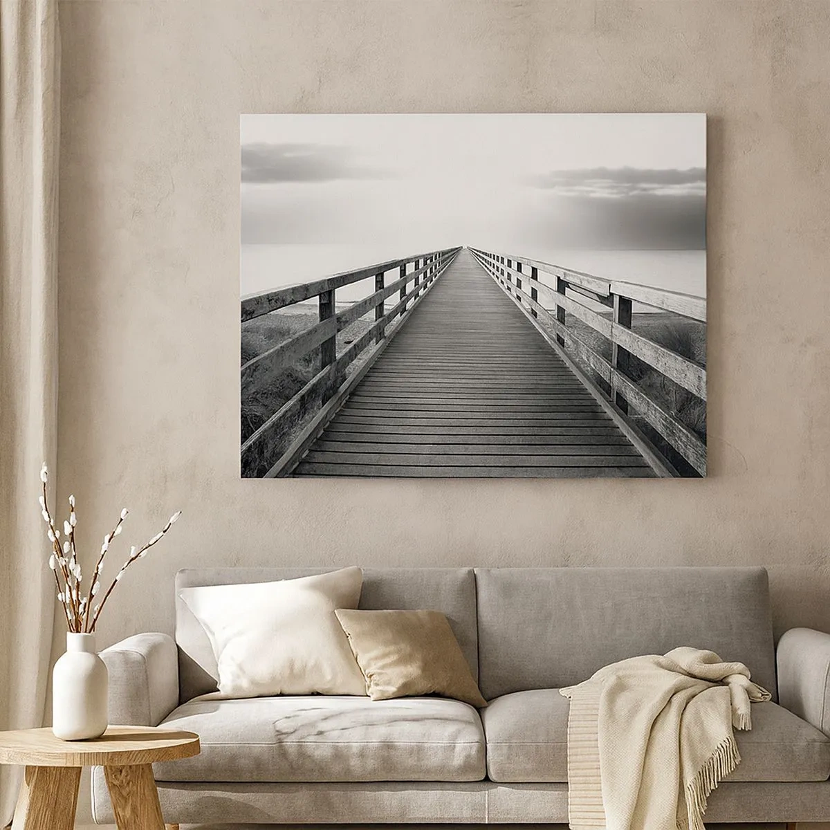Canvas picture - black and white image of a wooden jetty leading towards the horizon. - 70x50cm - In the Distance… - Modern wall decoration for the living room and bedroom ARTTOR