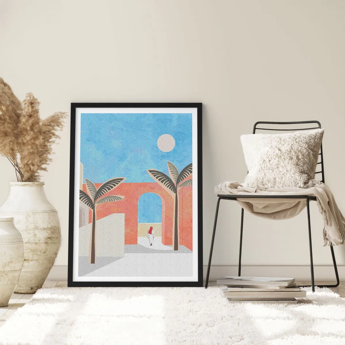Poster in black frame - Minimalist scenery with palm trees and an arch - 50x70cm - Arabic Day - Modern wall decoration for the living room and bedroom ARTTOR
