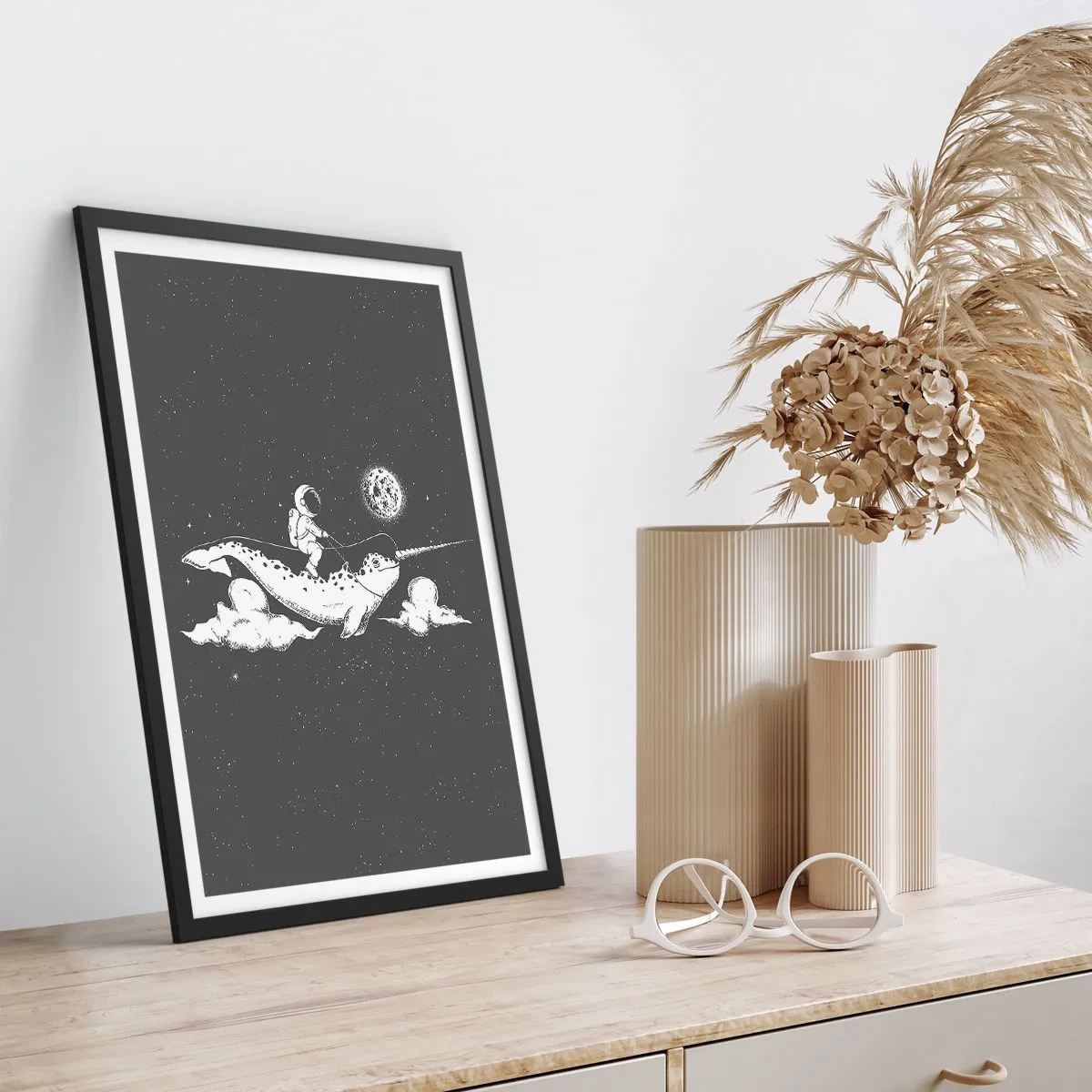 Poster in black frame - Astronaut on the back of a narwhal in space - 50x70cm - Space Rider - Modern wall decoration for the living room and bedroom ARTTOR