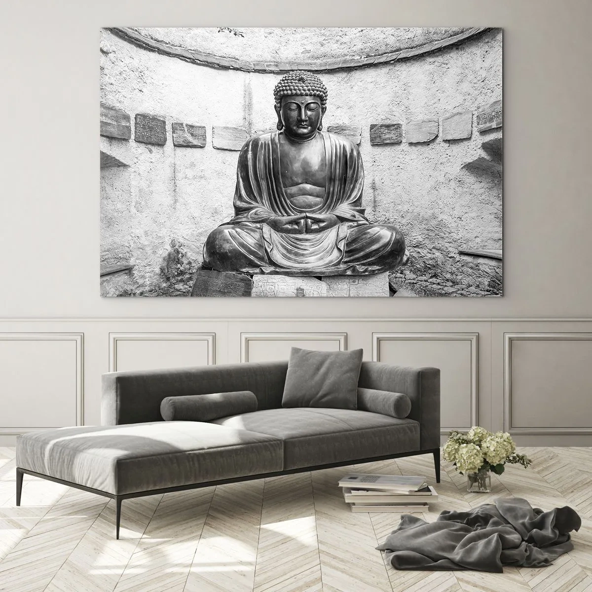 Glass picture - Black and white statue of Buddha in a meditative pose - 70x50cm - At the Source of Peace - Modern wall decoration for the living room and bedroom ARTTOR