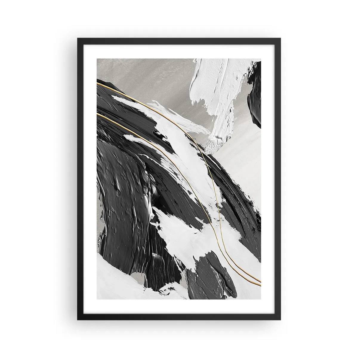 Poster in black frame - Abstract brushstrokes in black, white, and gold - 50x70cm - Abstract with Flair - Modern wall decoration for the living room and bedroom ARTTOR