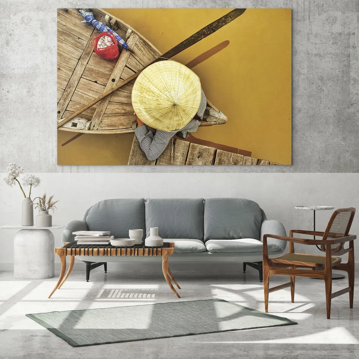 Glass picture - Top view of a boat and a person wearing a conical hat - 70x50cm - Life on a Yellow River - Modern wall decoration for the living room and bedroom ARTTOR