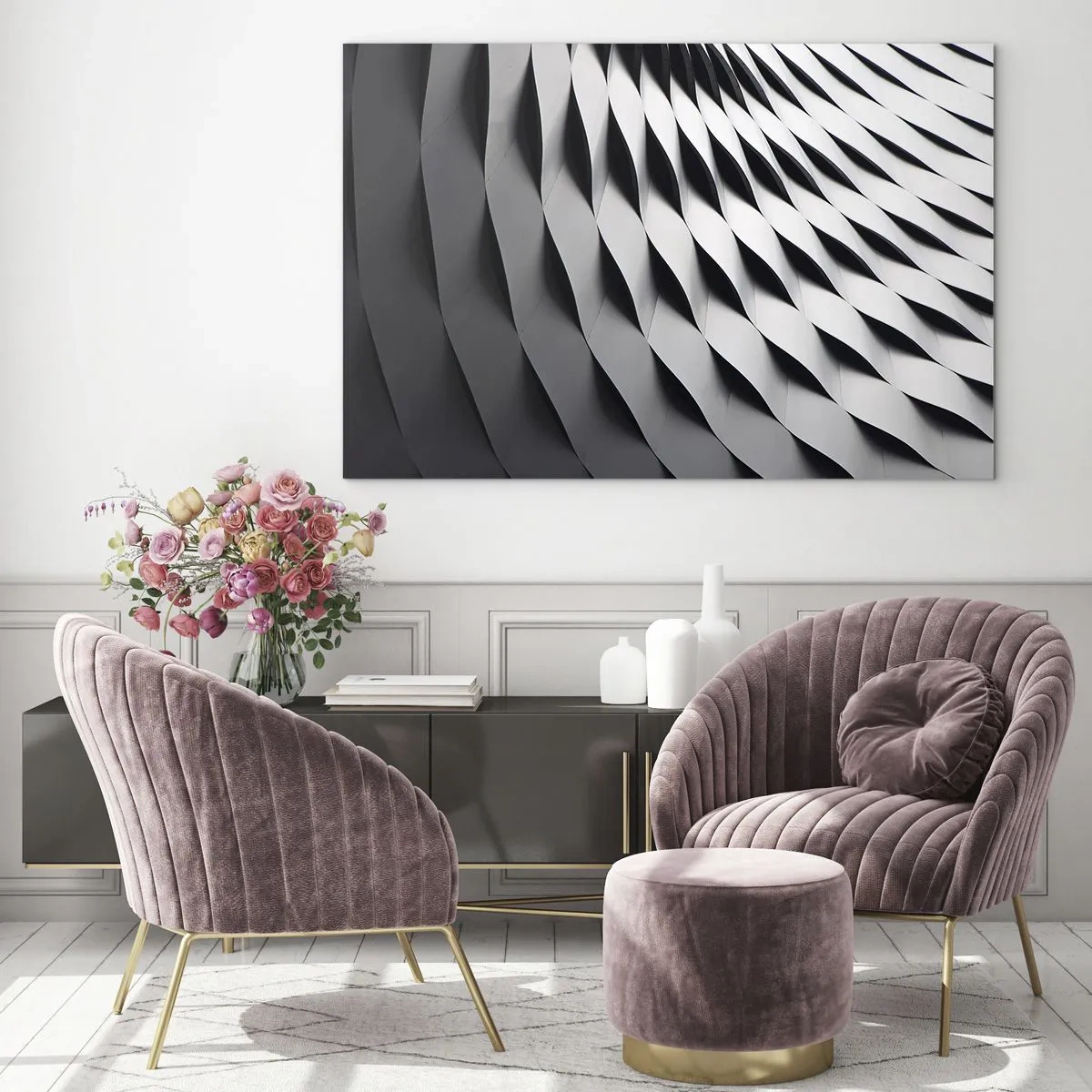 Glass picture - An abstract black and white structure resembling wavy forms. - 70x50cm - On the Surface of the Wave - Modern wall decoration for the living room and bedroom ARTTOR