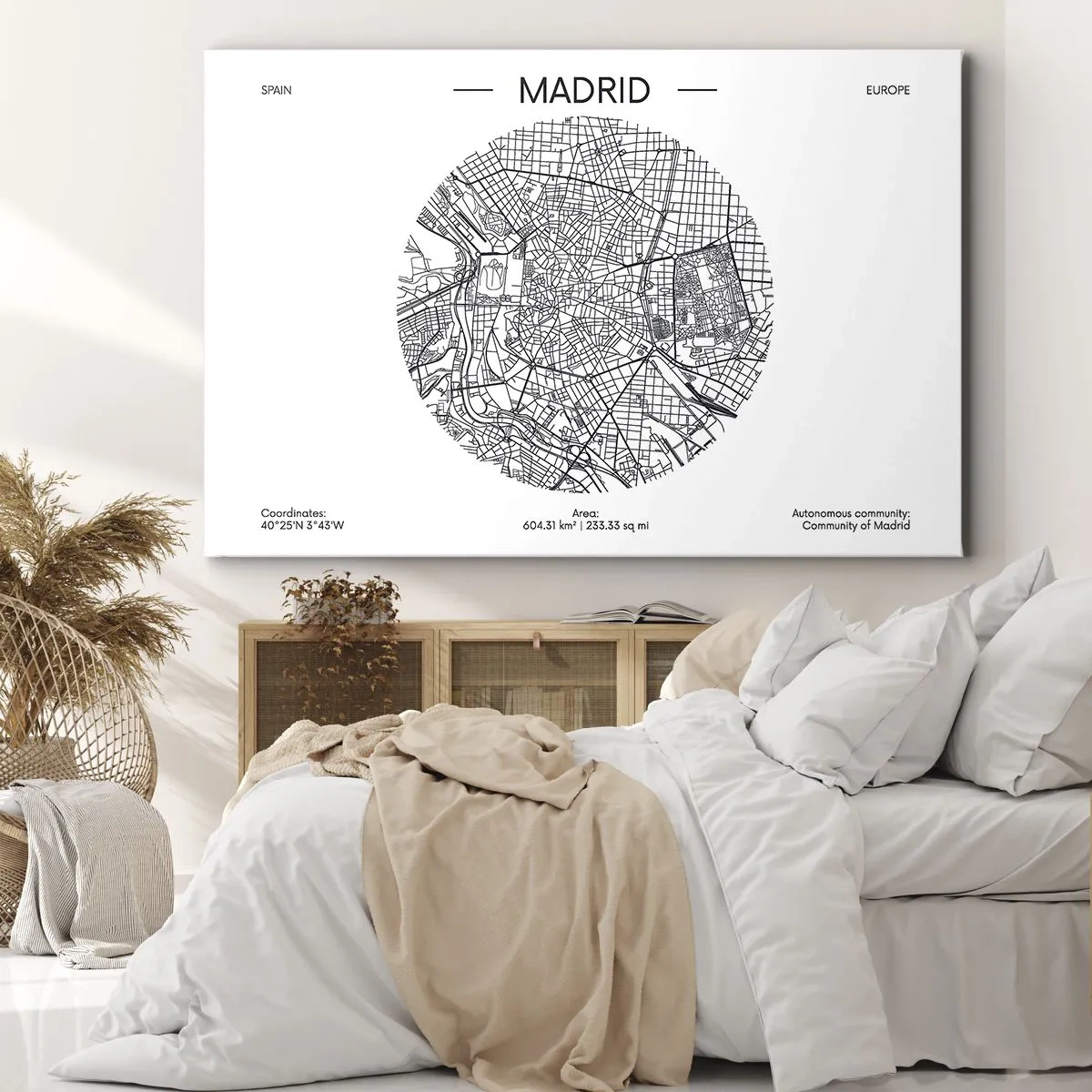 Canvas picture - Map of Madrid in a minimalist black and white style - 70x50cm - Anatomy of Madrid - Modern wall decoration for the living room and bedroom ARTTOR