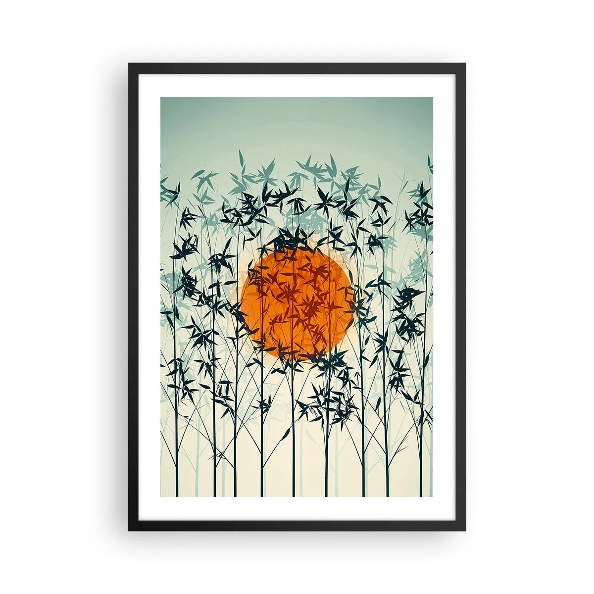 Poster in black frame - The sun behind the bamboo branches - 50x70cm - Japanese Sun - Modern wall decoration for the living room and bedroom ARTTOR