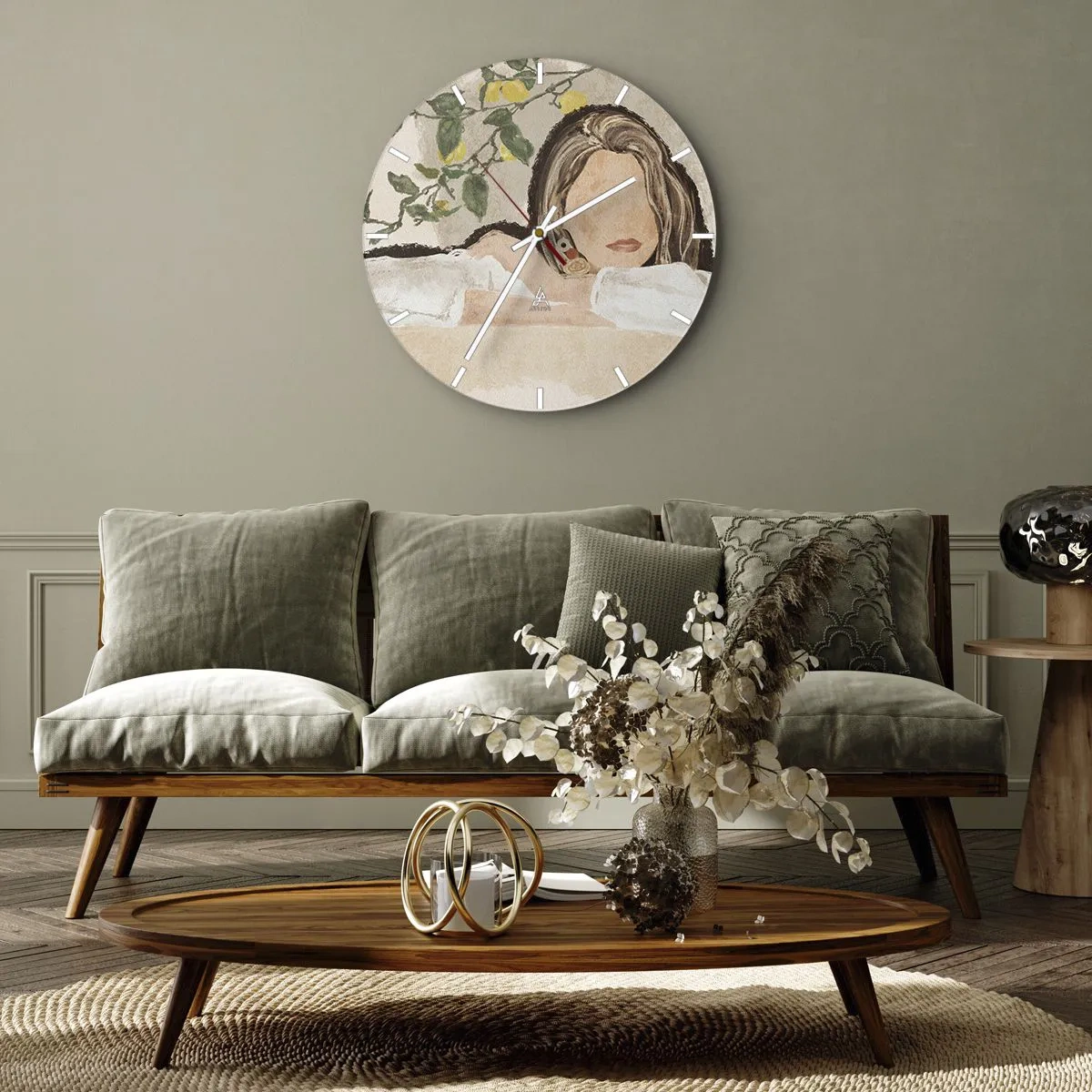 Wall clock - Clock on glass - A woman with long hair in front of a lemon tree - 30x30cm - Beauty of the South - Modern wall decoration for the living room, kitchen, and bedroom ARTTOR