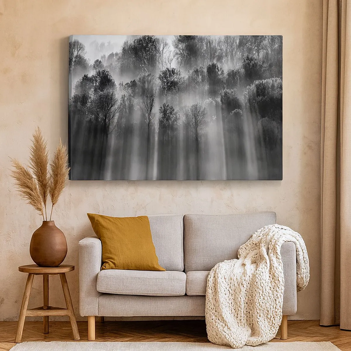 Canvas picture - Black and white forest in the morning light - 70x50cm - In the Streams of Light - Modern wall decoration for the living room and bedroom ARTTOR