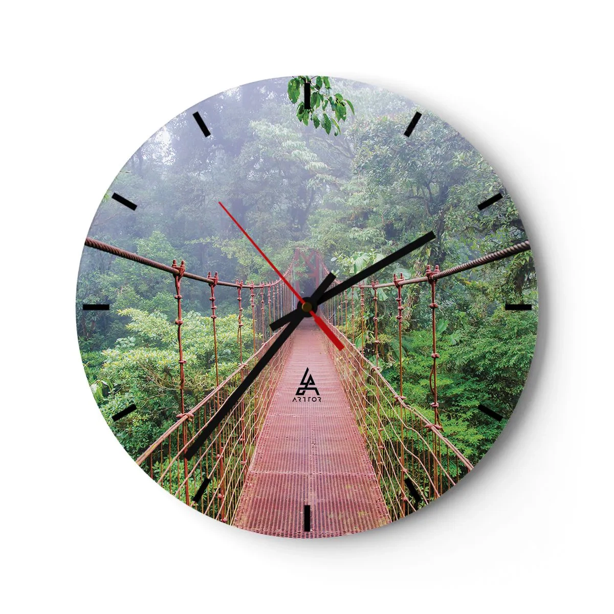 Wall clock - Clock on glass - A red suspension bridge in the middle of a tropical jungle - 30x30cm - Suspended above Crowns - Modern wall decoration for the living room, kitchen, and bedroom ARTTOR