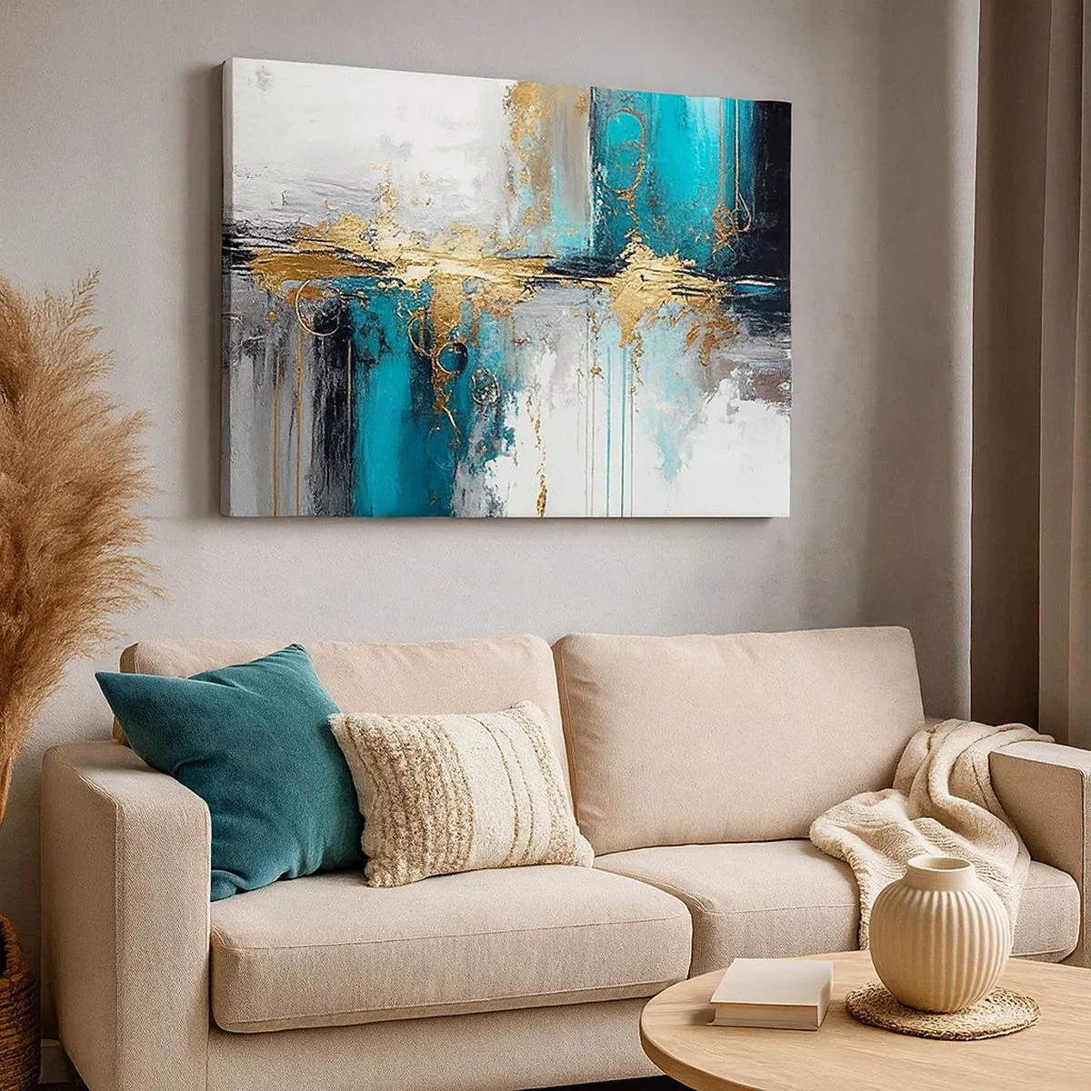 Canvas picture - An abstract composition with turquoise and gold accents. - 70x50cm - Everything Flows - Modern wall decoration for the living room and bedroom ARTTOR