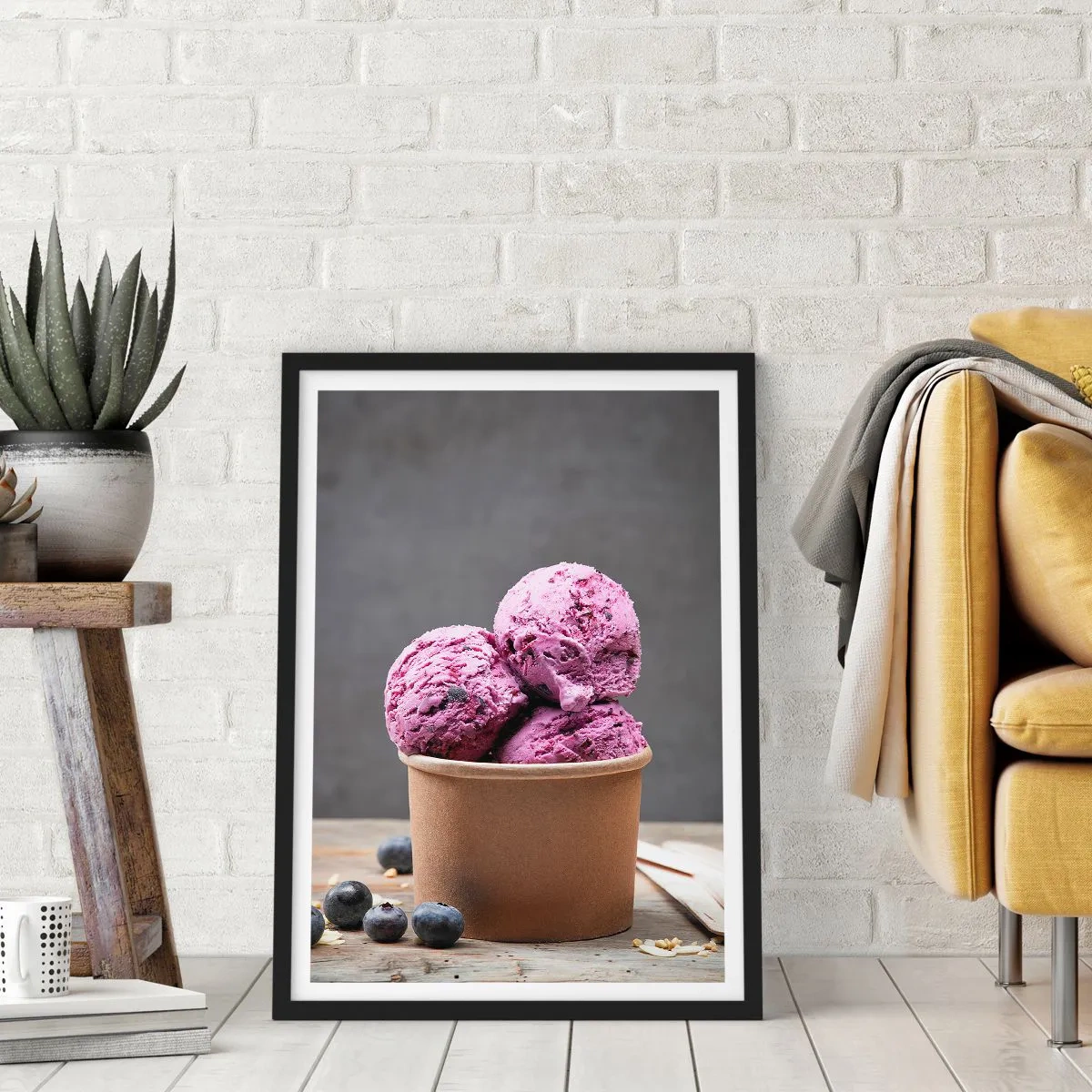 Poster in black frame - Scoops of blueberry ice cream in a paper cup - 50x70cm - Sweetness and Coolness - Modern wall decoration for the living room and bedroom ARTTOR